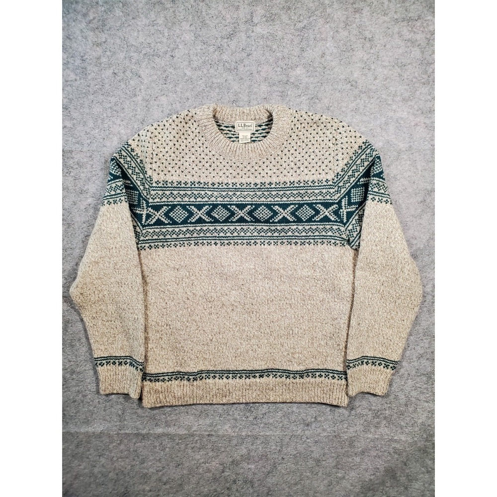 L.L.Bean Sweater Mens Medium Beige Wool Crewneck Norwegian Heritage Birds Eye